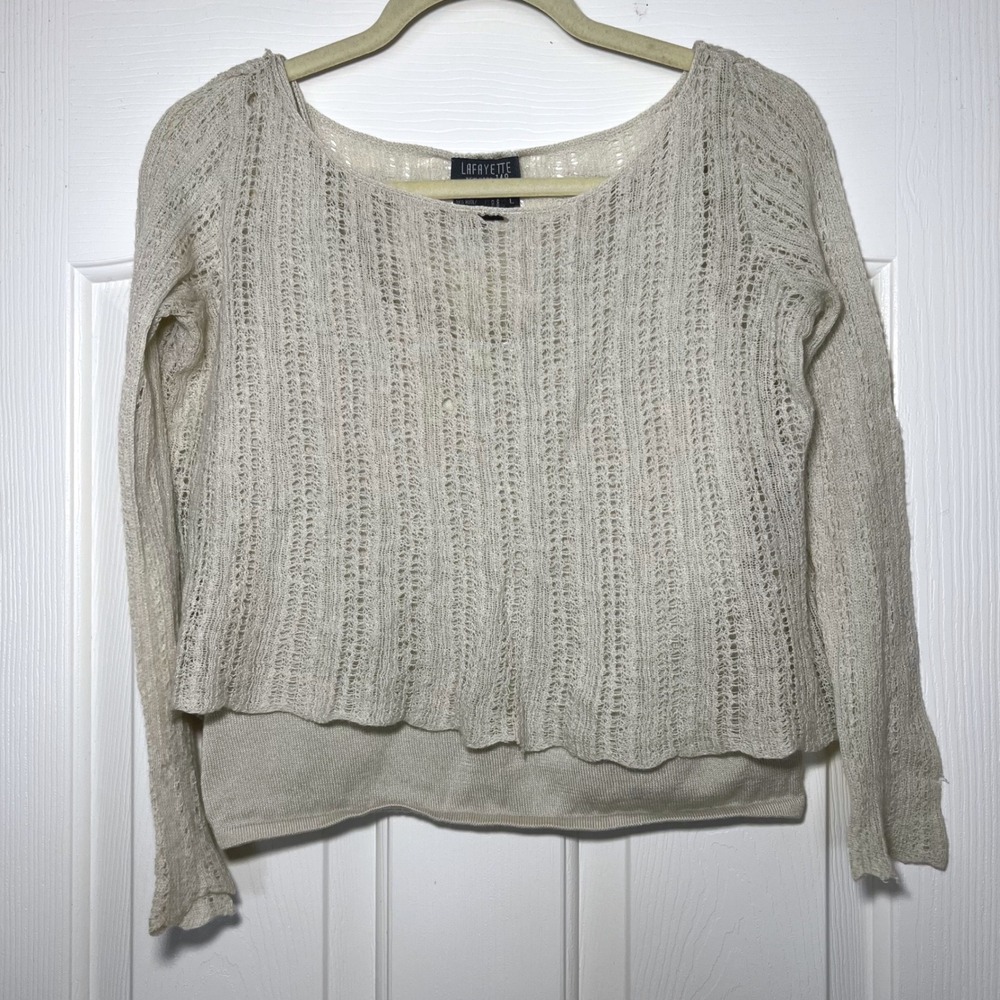Lafayette 148 New York Petite Cream Wool Blend Pointelle Knit long sleeve L